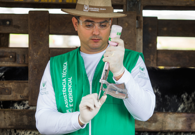 Técnico veterinário fazendo os preparativos para a vacinação do gado contra a febre aftosa. Foto: Wenderson Araujo/CNA