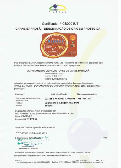 Certificado Carne barrosã